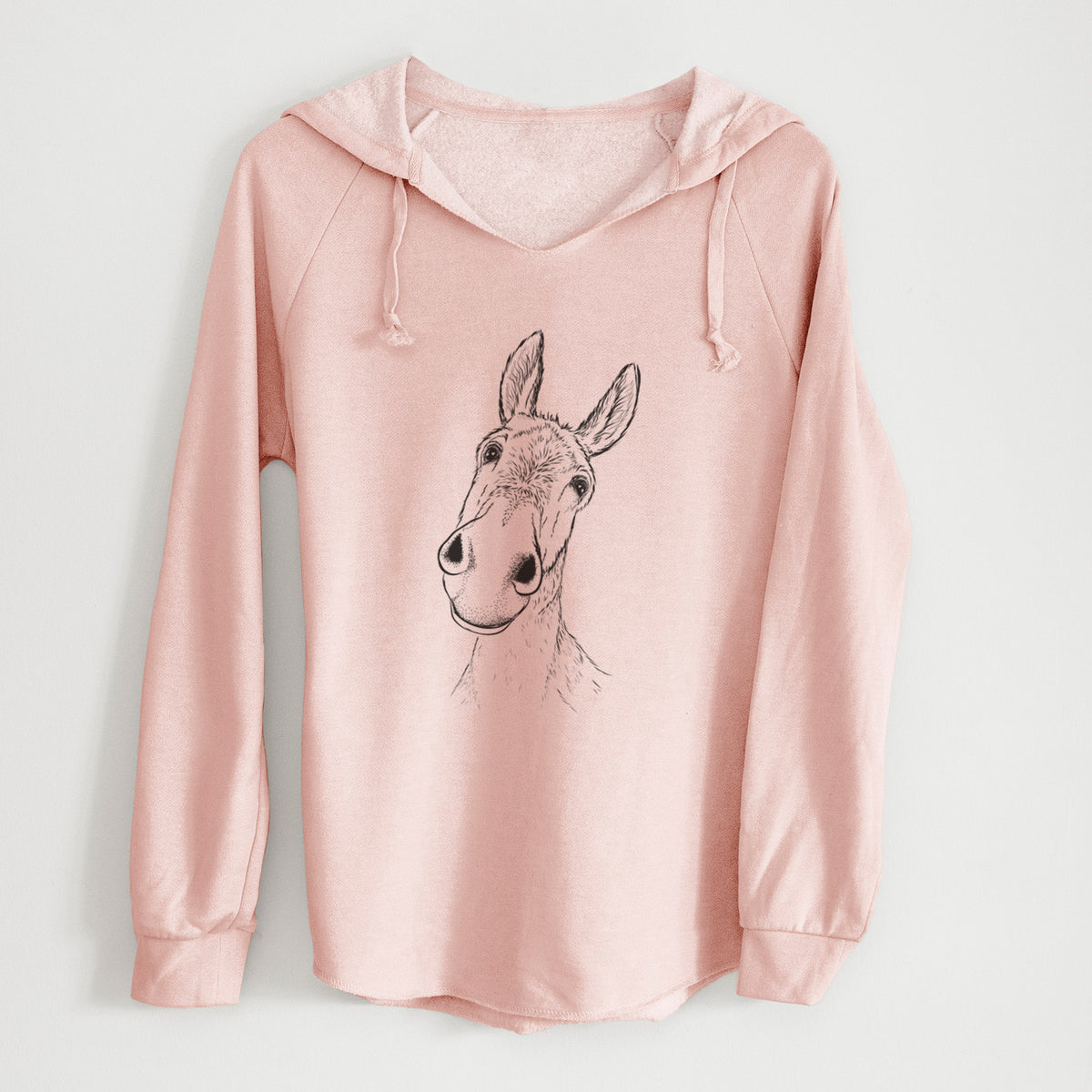 Blush pink women's Cali Wave hooded sweatshirt laid flat, printed with a black ink illustration of a curious donkey's head with tall ears.