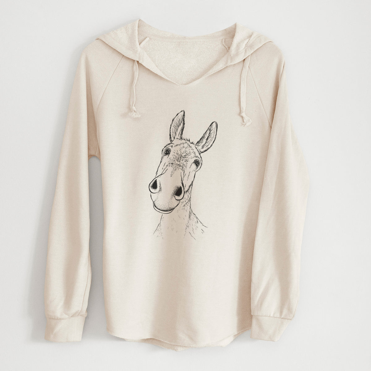 Bone cream women's Cali Wave hooded sweatshirt laid flat, printed with a black ink illustration of a curious donkey's head with tall ears.