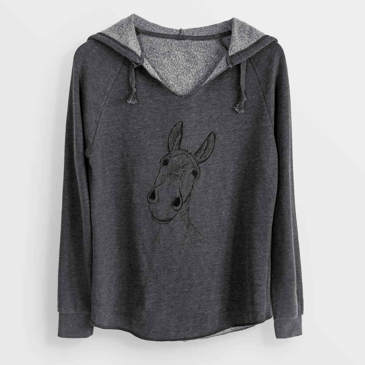 Charcoal grey women's Cali Wave hooded sweatshirt laid flat, printed with a black ink illustration of a curious donkey's head with tall ears.