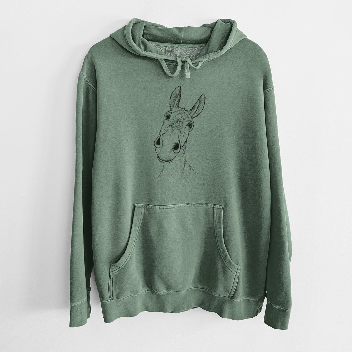 Alpine green pigment dyed hoodie laid flat, printed with a black ink illustration of a curious donkey's head with tall ears.