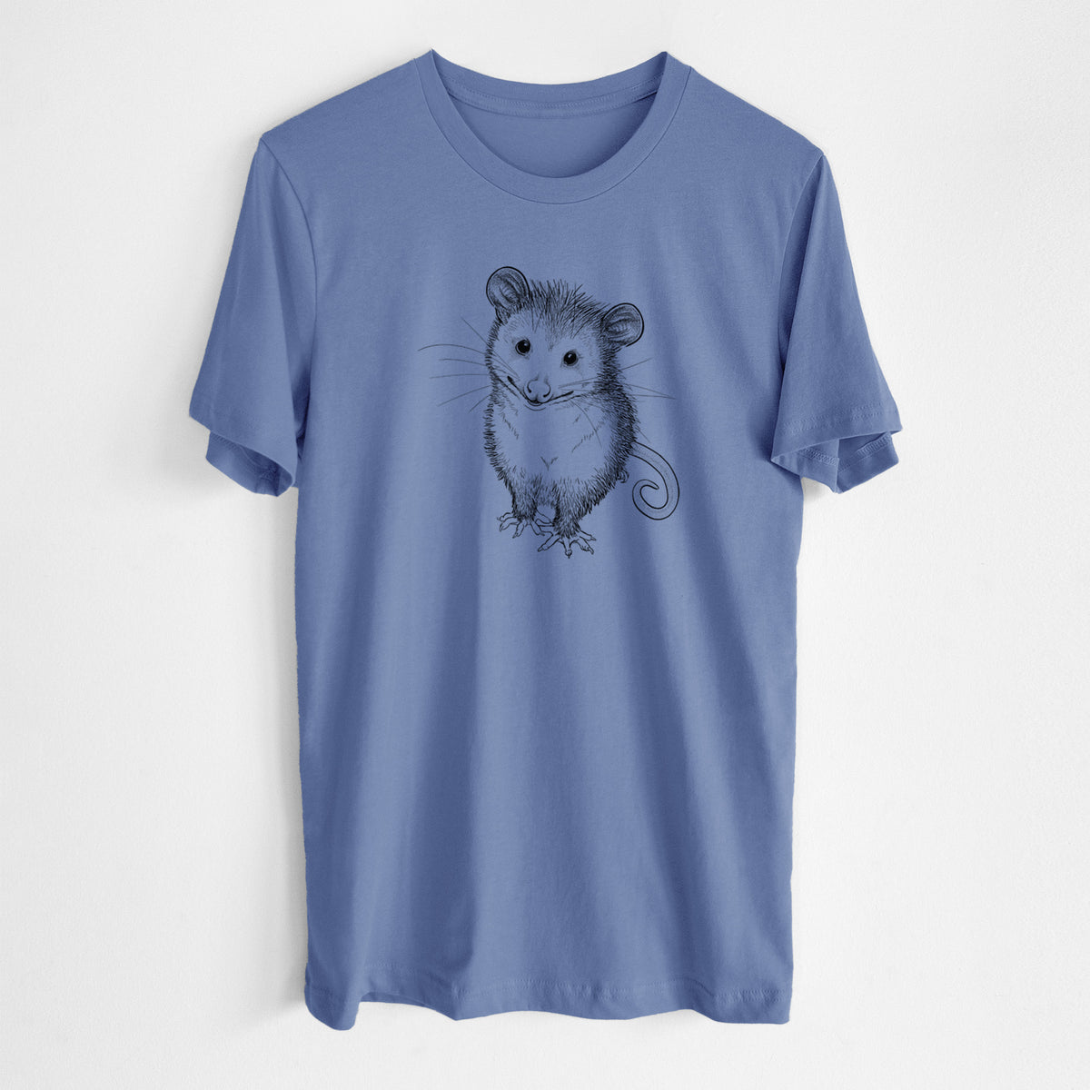 Blue bell lightweight cotton t-shirt laid flat, printed with a black ink illustration of a wide-eyed baby opossum sitting.