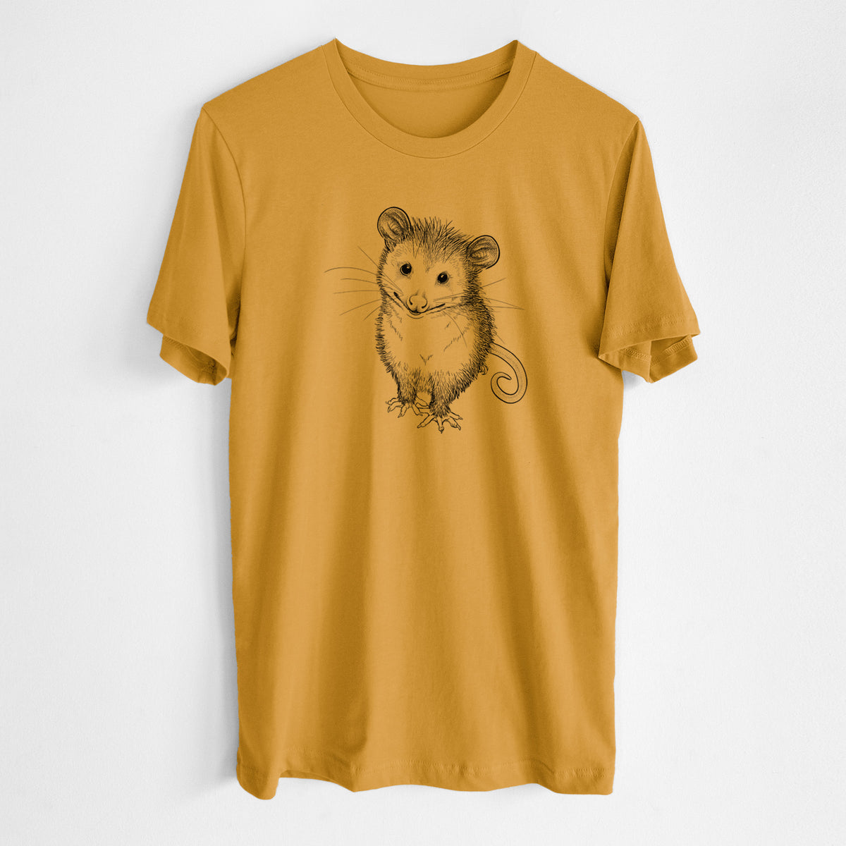 Honeycomb yellow lightweight cotton t-shirt laid flat, printed with a black ink illustration of a wide-eyed baby opossum sitting.