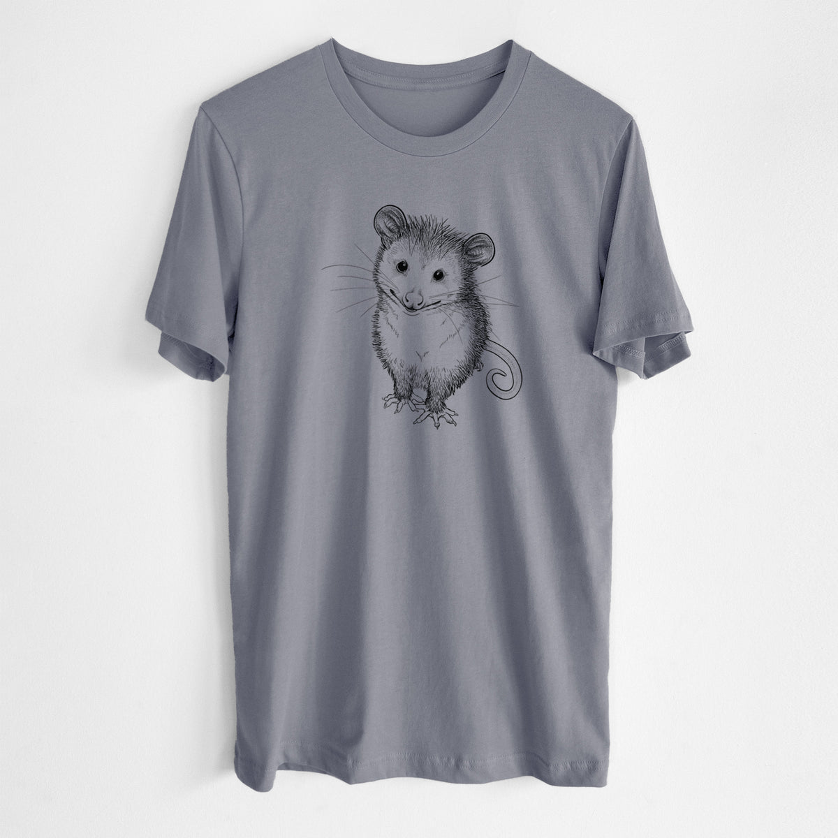 Storm grey lightweight cotton t-shirt laid flat, printed with a black ink illustration of a wide-eyed baby opossum sitting.