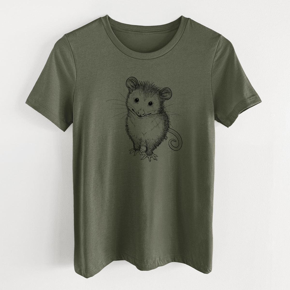 Military green women's relaxed fit cotton t-shirt laid flat, printed with a black ink illustration of a wide-eyed baby opossum sitting.