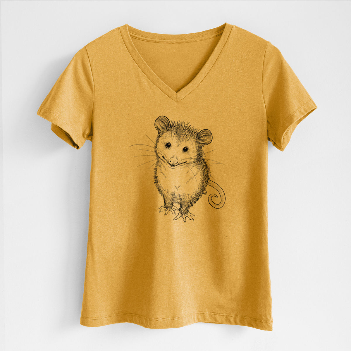 Honeycomb yellow women's relaxed fit cotton V-neck t-shirt laid flat, printed with a black ink illustration of a wide-eyed baby opossum sitting.