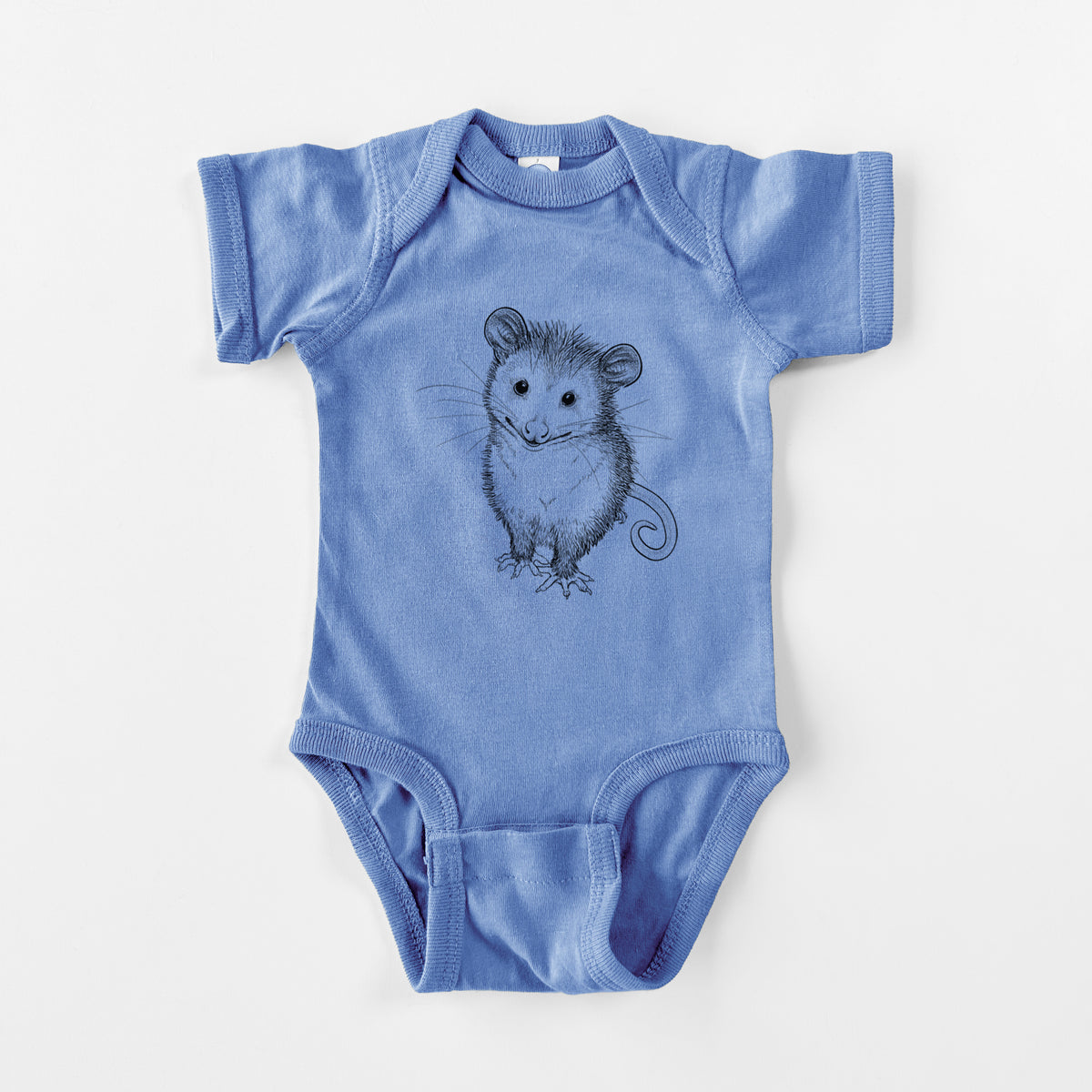 Carolina blue baby bodysuit laid flat, printed with a black ink illustration of a wide-eyed baby opossum sitting.