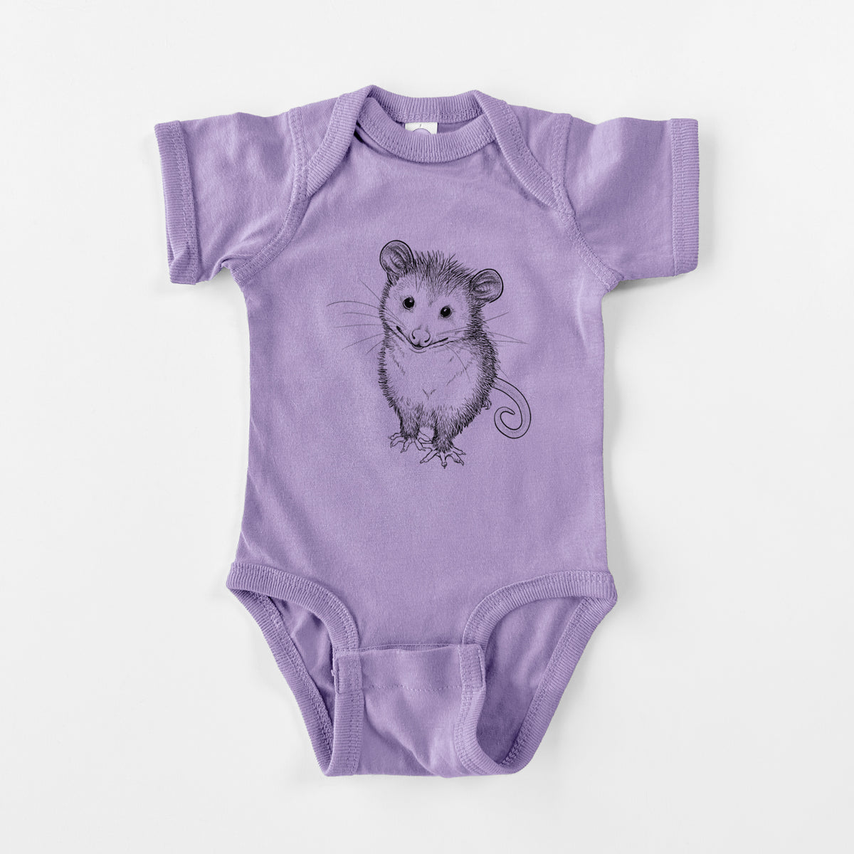 Lavender baby bodysuit laid flat, printed with a black ink illustration of a wide-eyed baby opossum sitting.