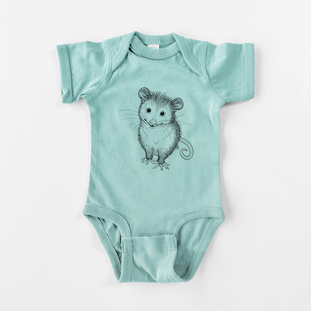 Saltwater baby bodysuit laid flat, printed with a black ink illustration of a wide-eyed baby opossum sitting.
