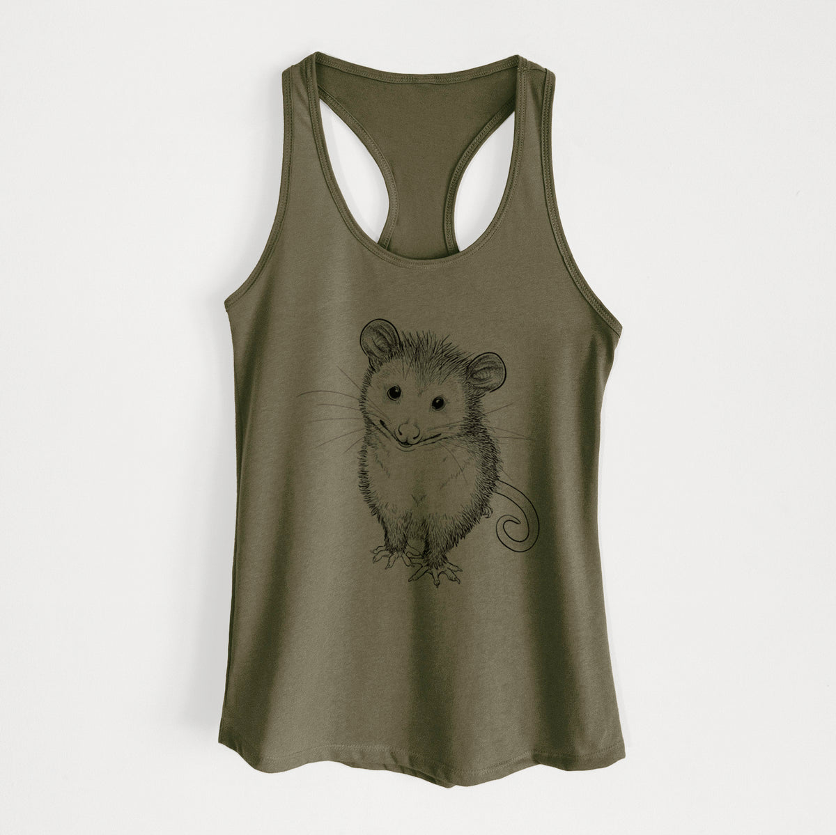 Military green women's racerback tank top laid flat, printed with a black ink illustration of a wide-eyed baby opossum sitting.