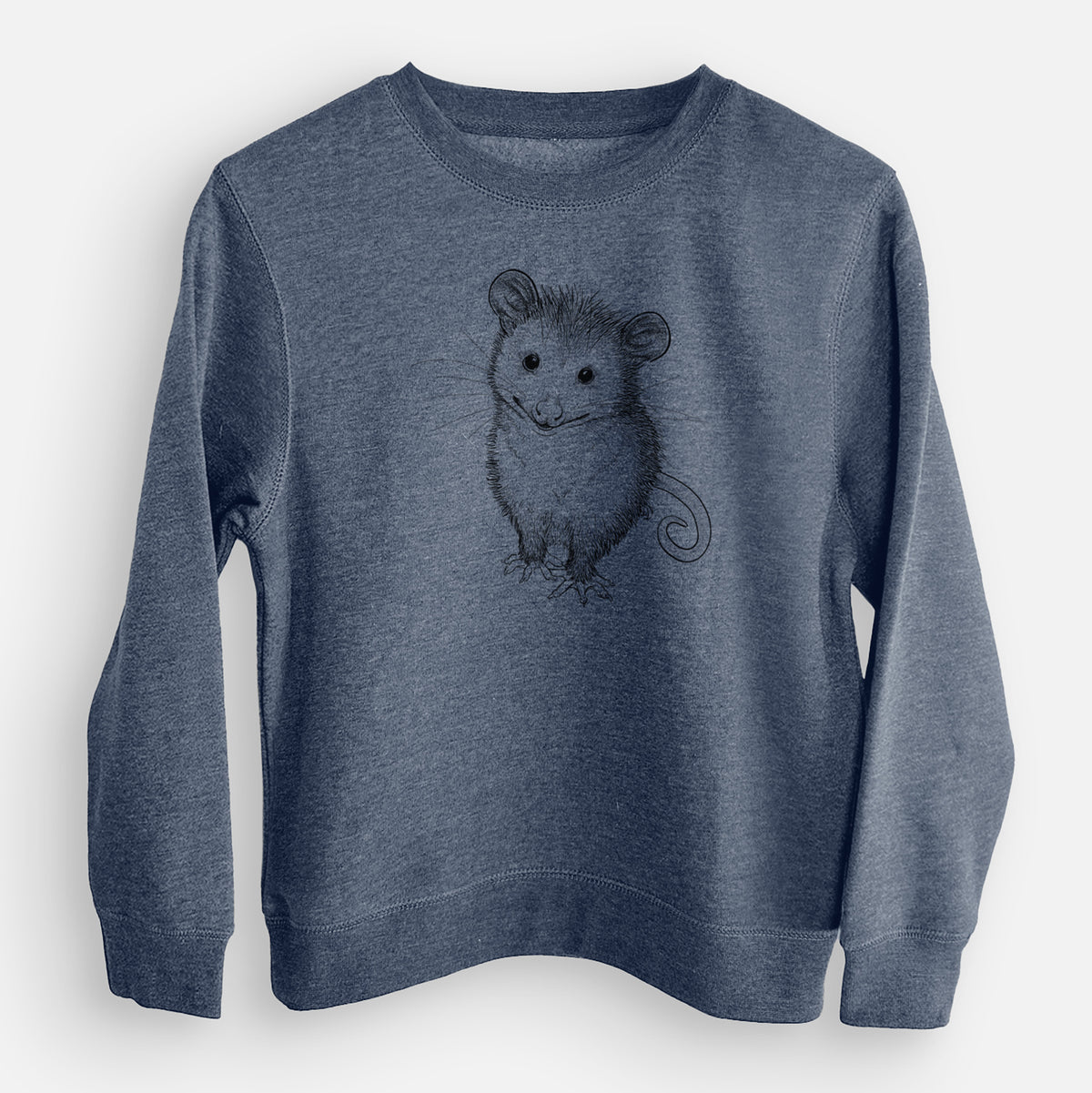 Storm blue youth crewneck sweatshirt laid flat, printed with a black ink illustration of a wide-eyed baby opossum sitting.