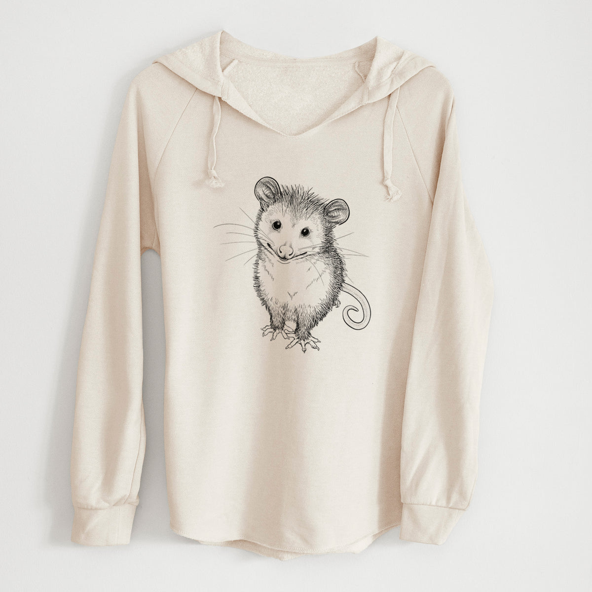 Bone cream women's Cali Wave hooded sweatshirt laid flat, printed with a black ink illustration of a wide-eyed baby opossum sitting.