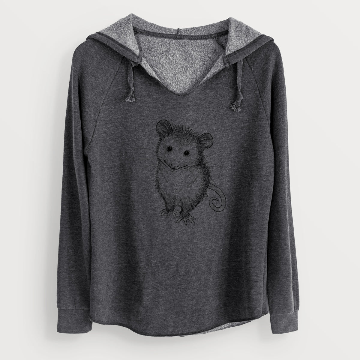 Charcoal grey women's Cali Wave hooded sweatshirt laid flat, printed with a black ink illustration of a wide-eyed baby opossum sitting.