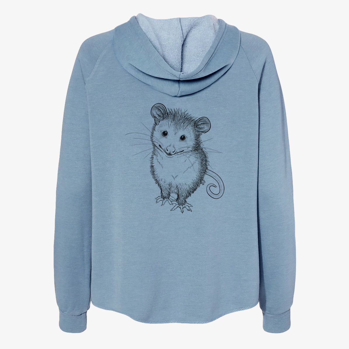 Misty blue women's Cali Wave zip-up sweatshirt laid flat, printed with a black ink illustration of a wide-eyed baby opossum sitting.