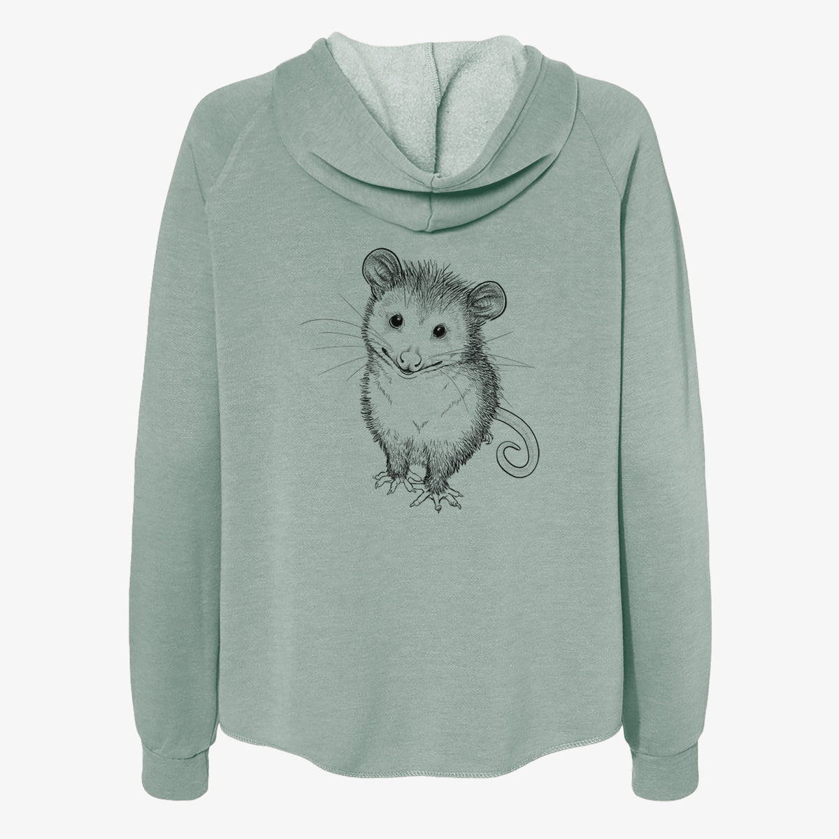 Sage green women's Cali Wave zip-up sweatshirt laid flat, printed with a black ink illustration of a wide-eyed baby opossum sitting.
