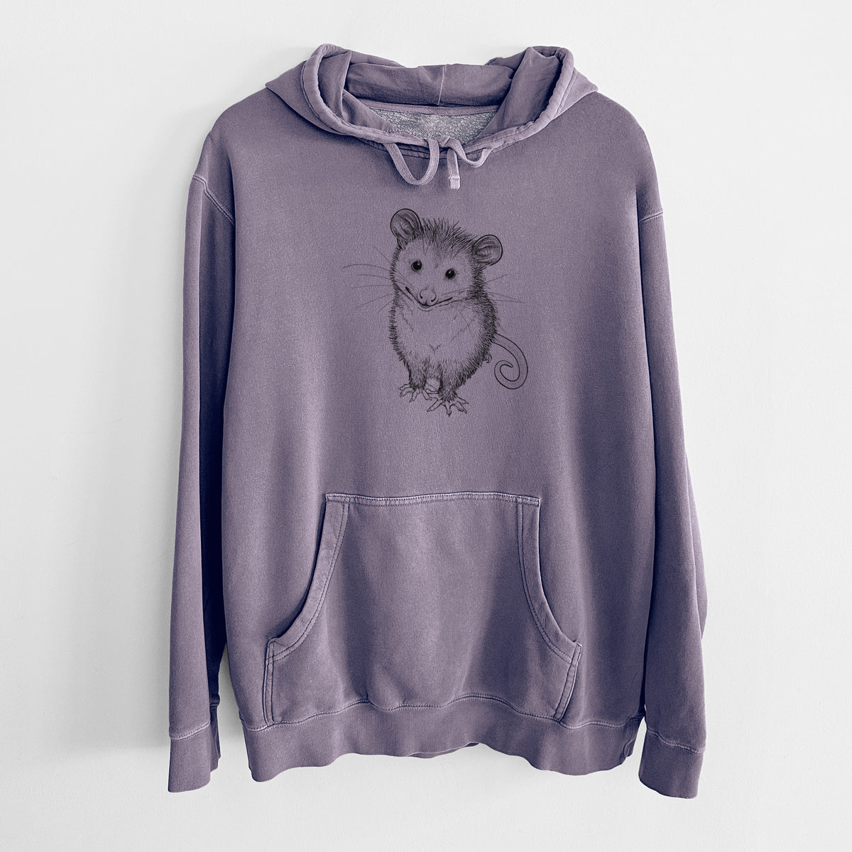 Plum purple pigment dyed hoodie laid flat, printed with a black ink illustration of a wide-eyed baby opossum sitting.