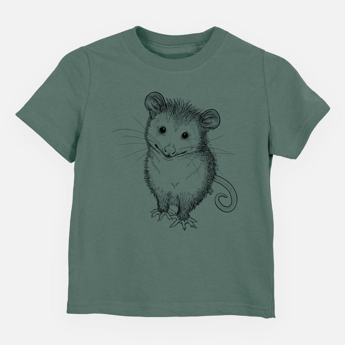 Basil green toddler t-shirt laid flat, printed with a black ink illustration of a wide-eyed baby opossum sitting.