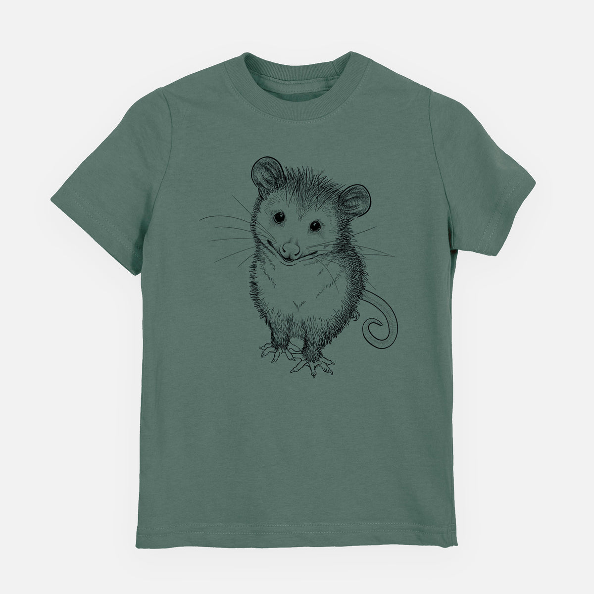 Basil green youth t-shirt laid flat, printed with a black ink illustration of a wide-eyed baby opossum sitting.