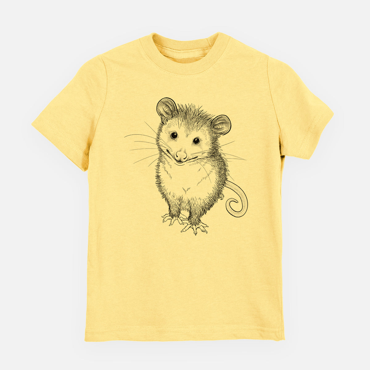 Butter yellow youth t-shirt laid flat, printed with a black ink illustration of a wide-eyed baby opossum sitting.