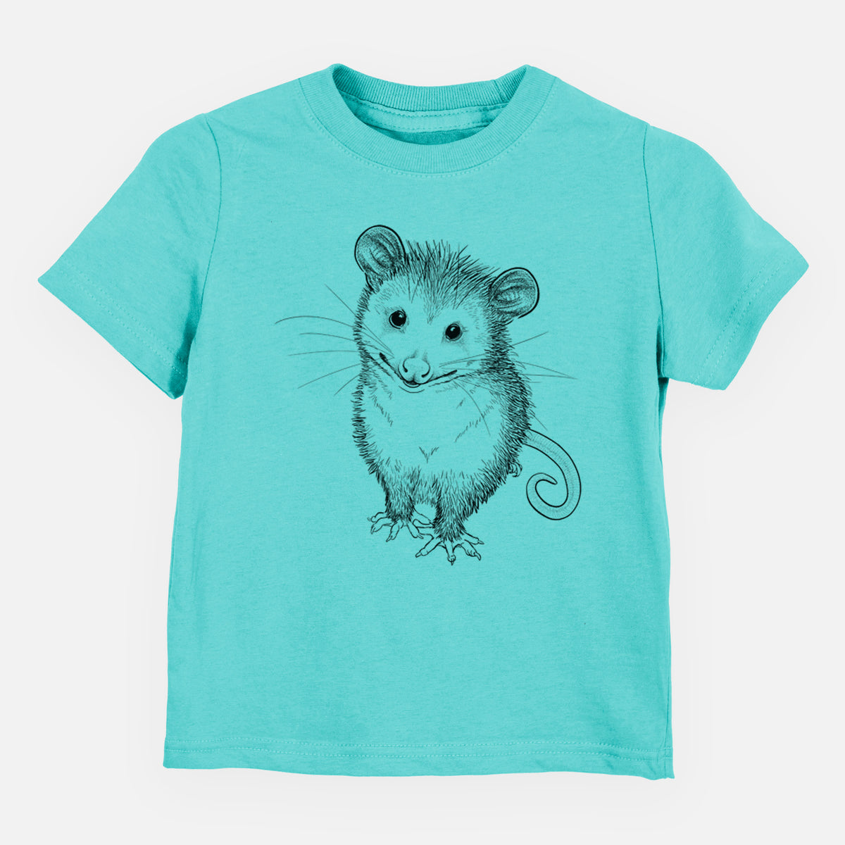 Caribbean blue toddler t-shirt laid flat, printed with a black ink illustration of a wide-eyed baby opossum sitting.