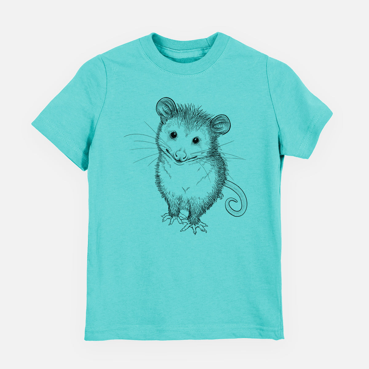Caribbean blue youth t-shirt laid flat, printed with a black ink illustration of a wide-eyed baby opossum sitting.
