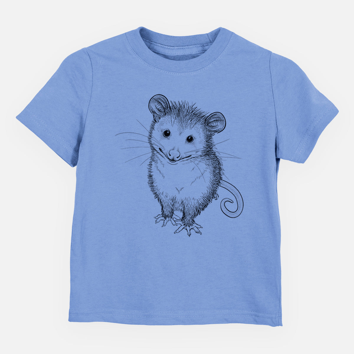 Carolina blue toddler t-shirt laid flat, printed with a black ink illustration of a wide-eyed baby opossum sitting.