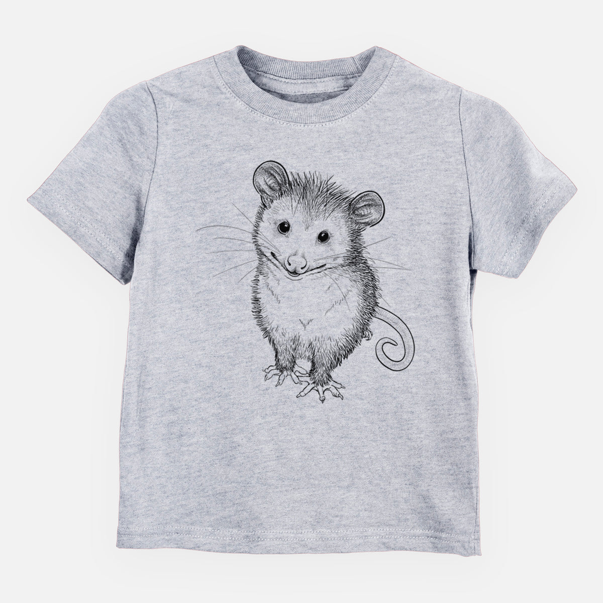 Heather grey toddler t-shirt laid flat, printed with a black ink illustration of a wide-eyed baby opossum sitting.