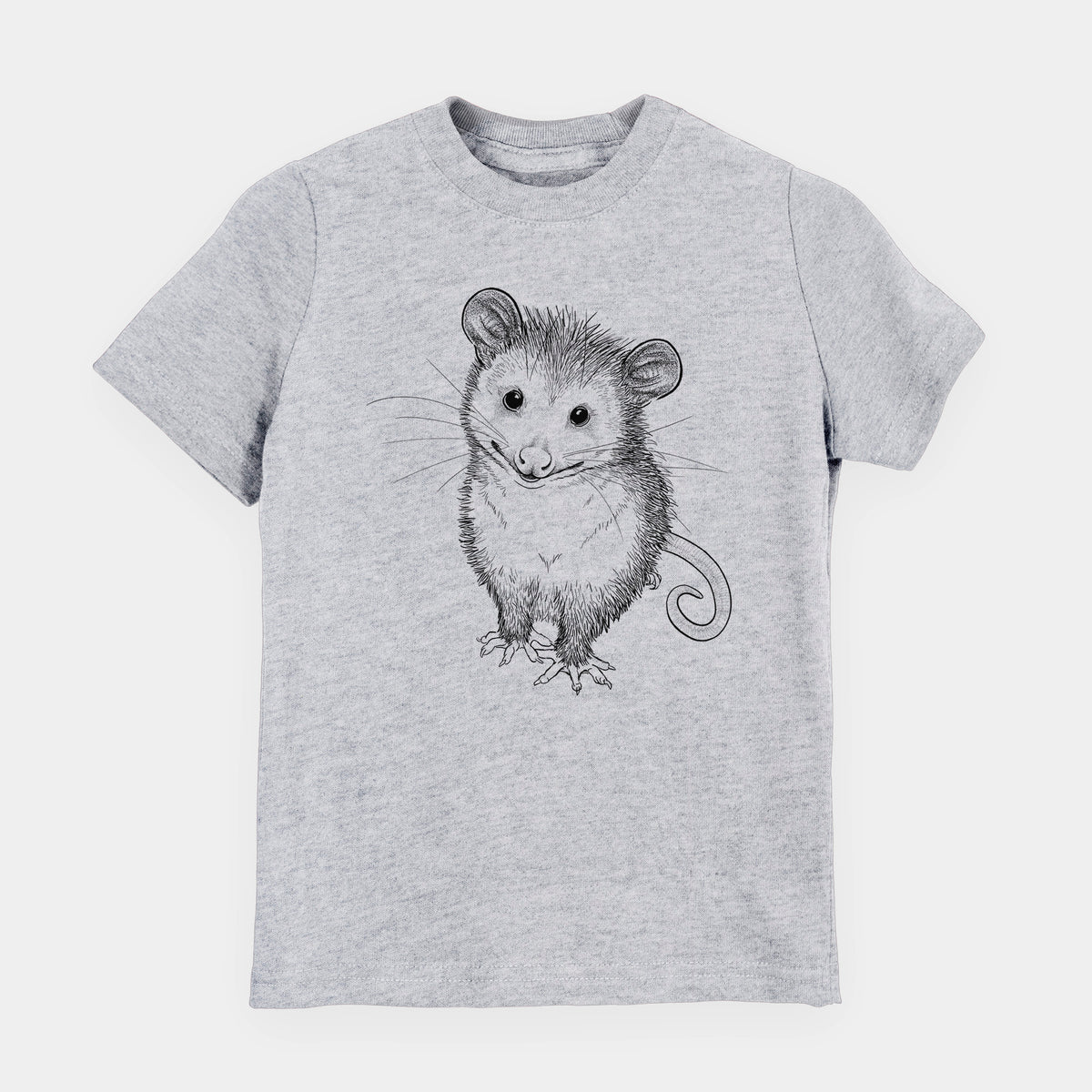 Heather grey youth t-shirt laid flat, printed with a black ink illustration of a wide-eyed baby opossum sitting.