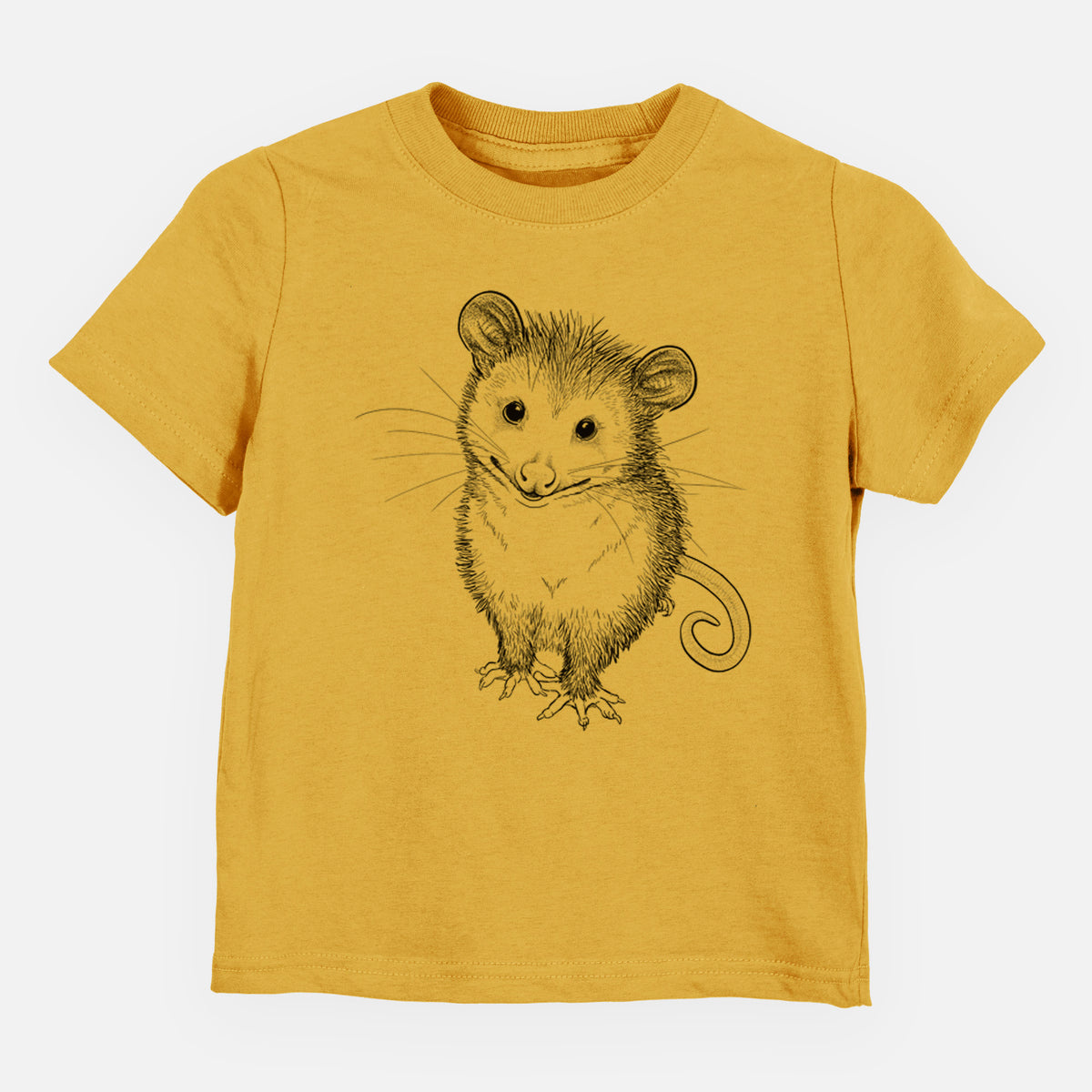 Honeycomb yellow toddler t-shirt laid flat, printed with a black ink illustration of a wide-eyed baby opossum sitting.