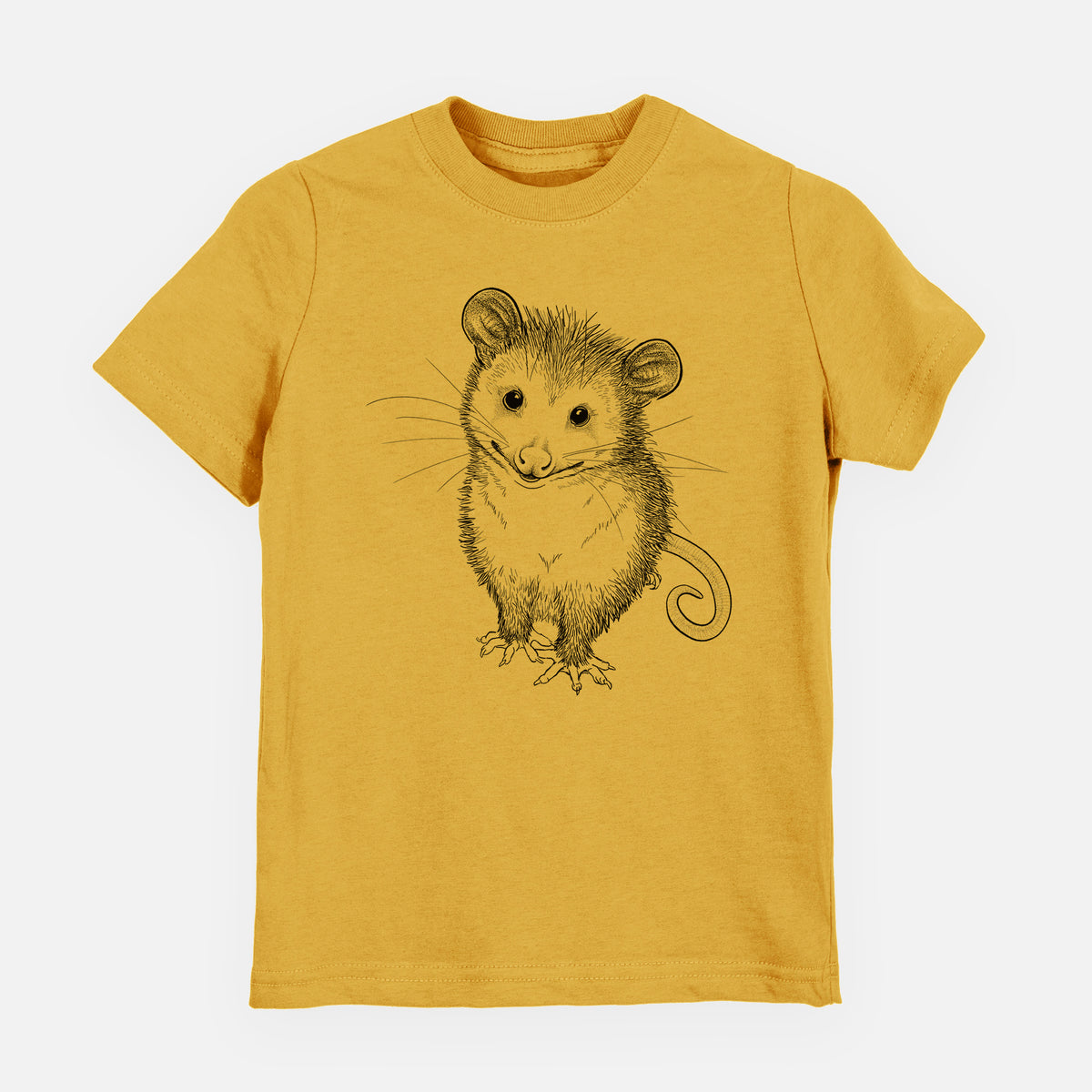 Honeycomb yellow youth t-shirt laid flat, printed with a black ink illustration of a wide-eyed baby opossum sitting.