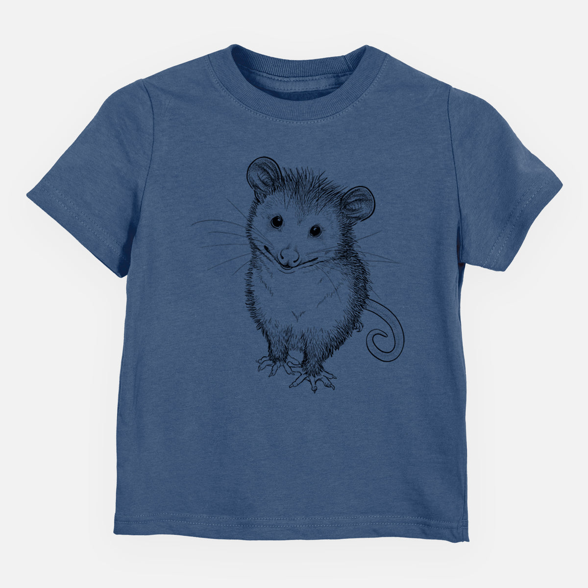 Indigo blue toddler t-shirt laid flat, printed with a black ink illustration of a wide-eyed baby opossum sitting.