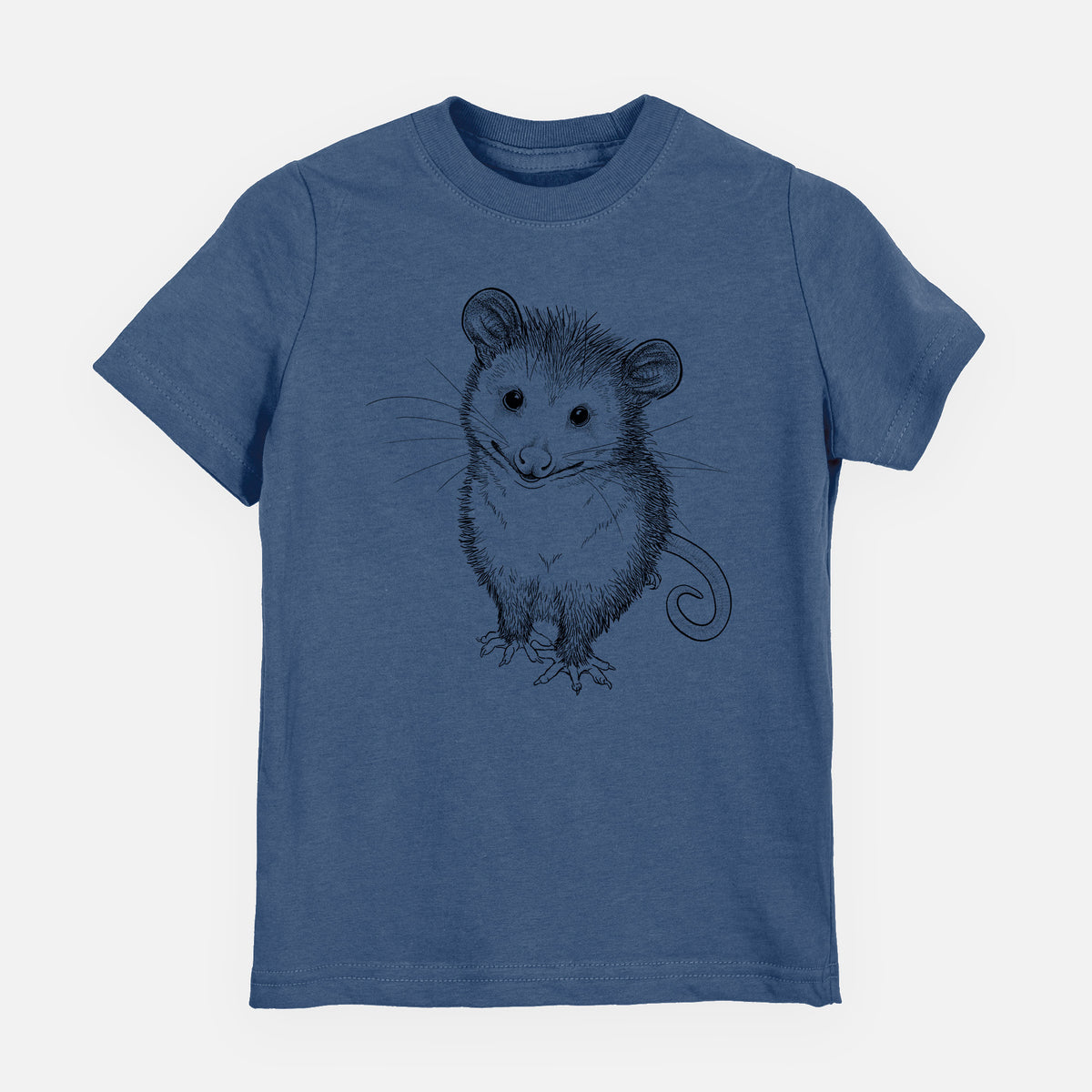 Indigo blue youth t-shirt laid flat, printed with a black ink illustration of a wide-eyed baby opossum sitting.