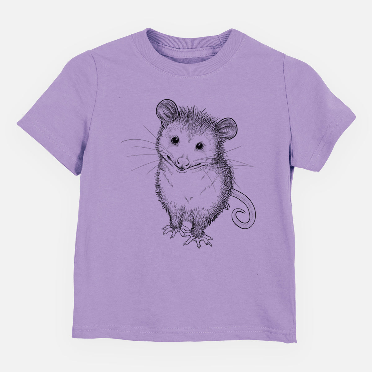 Lavender toddler t-shirt laid flat, printed with a black ink illustration of a wide-eyed baby opossum sitting.