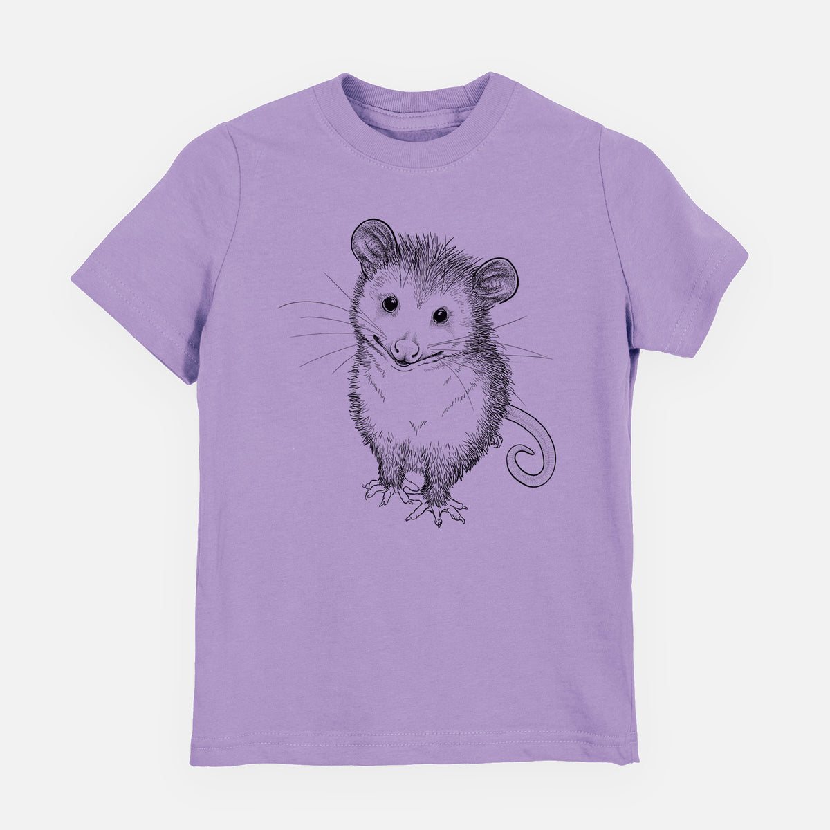 Lavender youth t-shirt laid flat, printed with a black ink illustration of a wide-eyed baby opossum sitting.