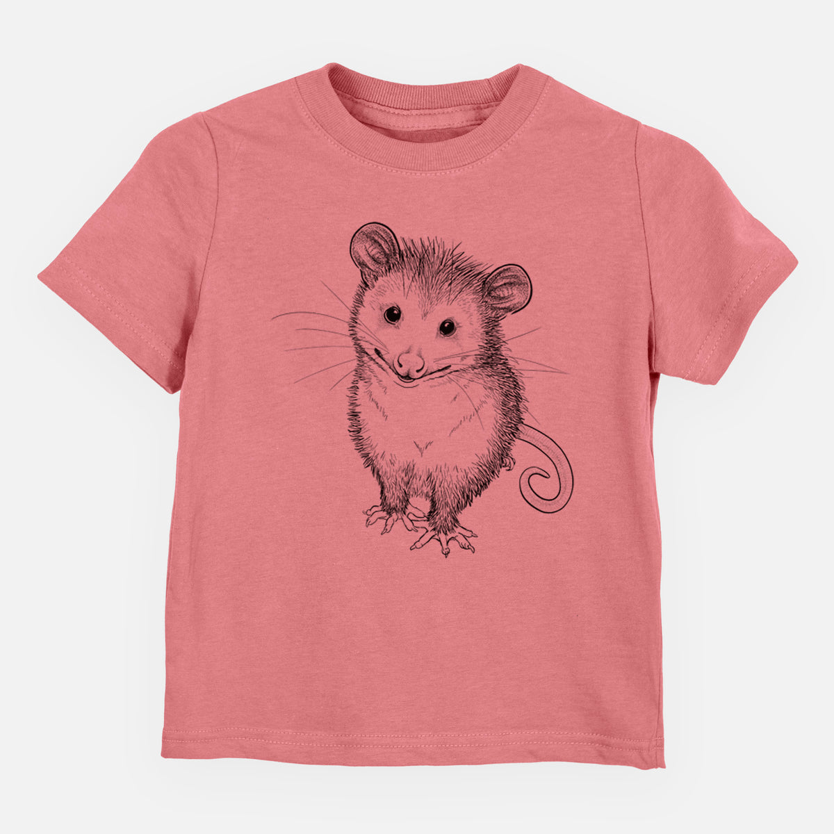 Mauve pink toddler t-shirt laid flat, printed with a black ink illustration of a wide-eyed baby opossum sitting.
