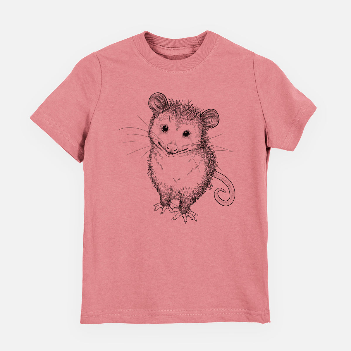 Mauve pink youth t-shirt laid flat, printed with a black ink illustration of a wide-eyed baby opossum sitting.