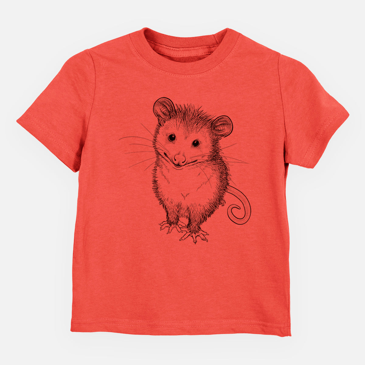 Passionfruit pink toddler t-shirt laid flat, printed with a black ink illustration of a wide-eyed baby opossum sitting.