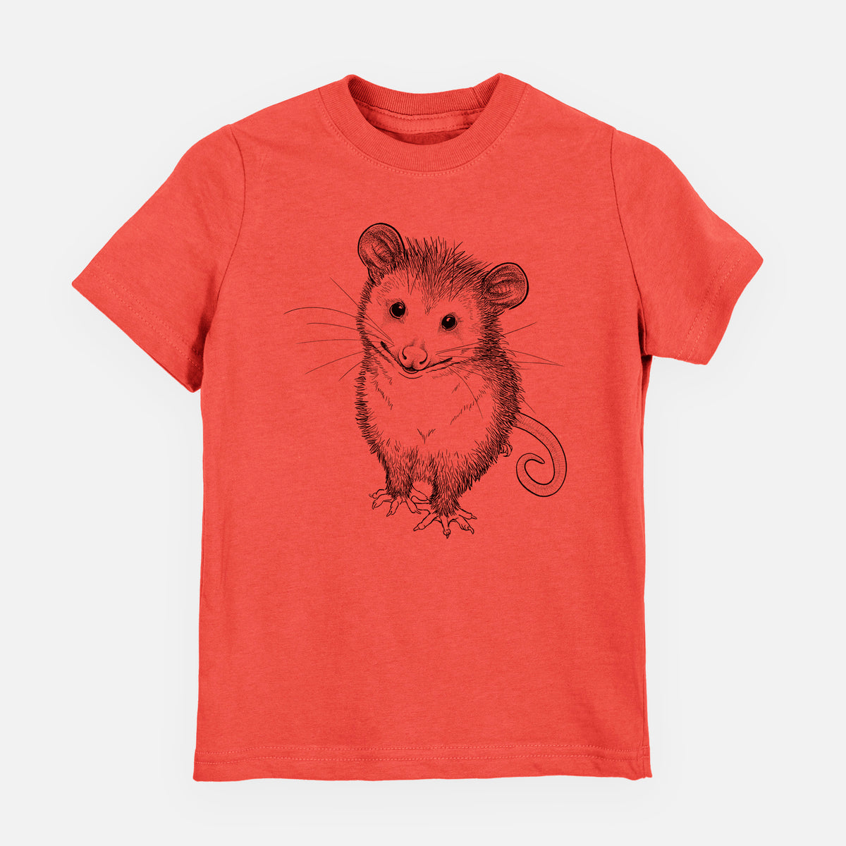 Passionfruit pink youth t-shirt laid flat, printed with a black ink illustration of a wide-eyed baby opossum sitting.