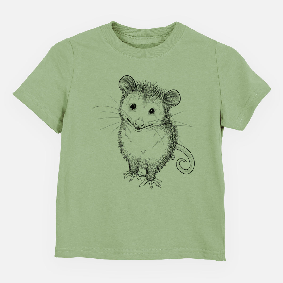 Sage green toddler t-shirt laid flat, printed with a black ink illustration of a wide-eyed baby opossum sitting.