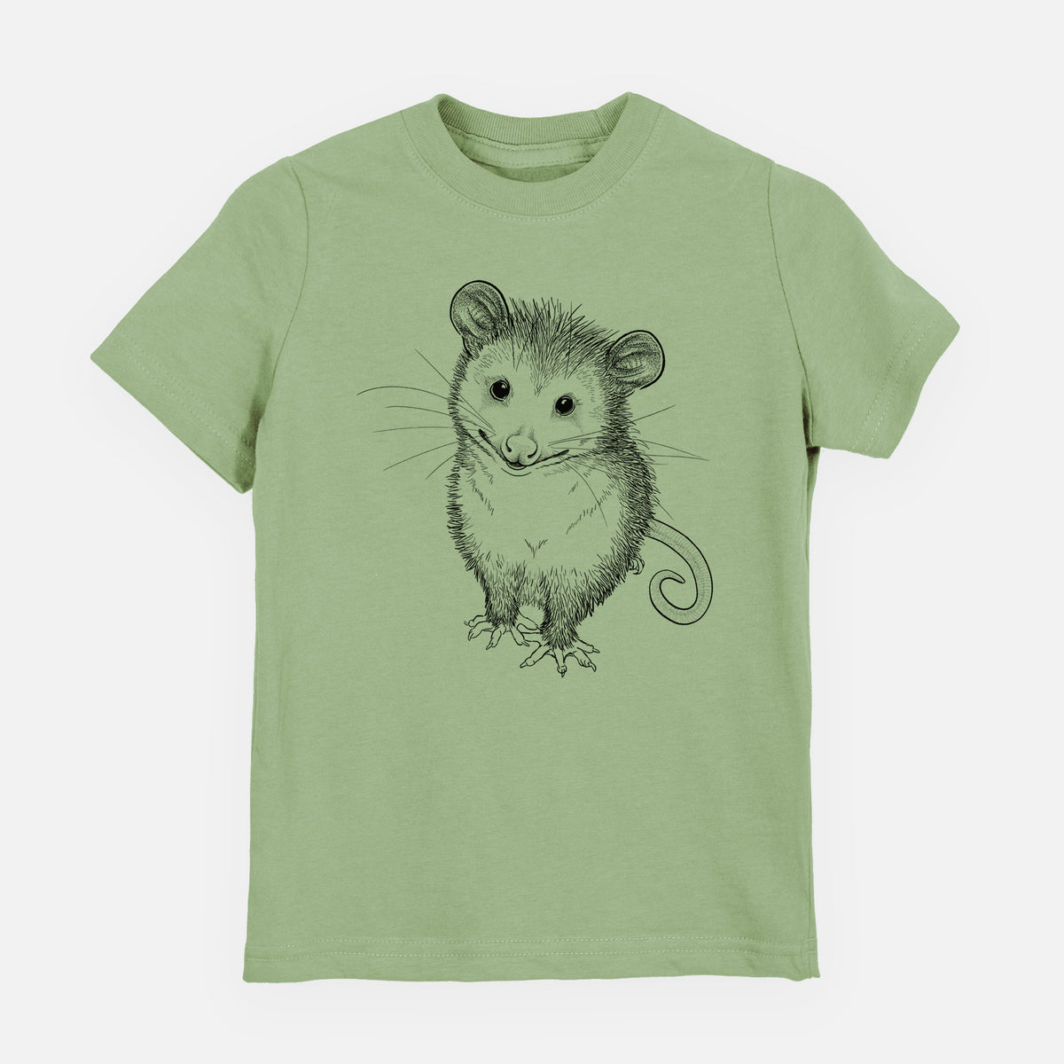 Sage green youth t-shirt laid flat, printed with a black ink illustration of a wide-eyed baby opossum sitting.