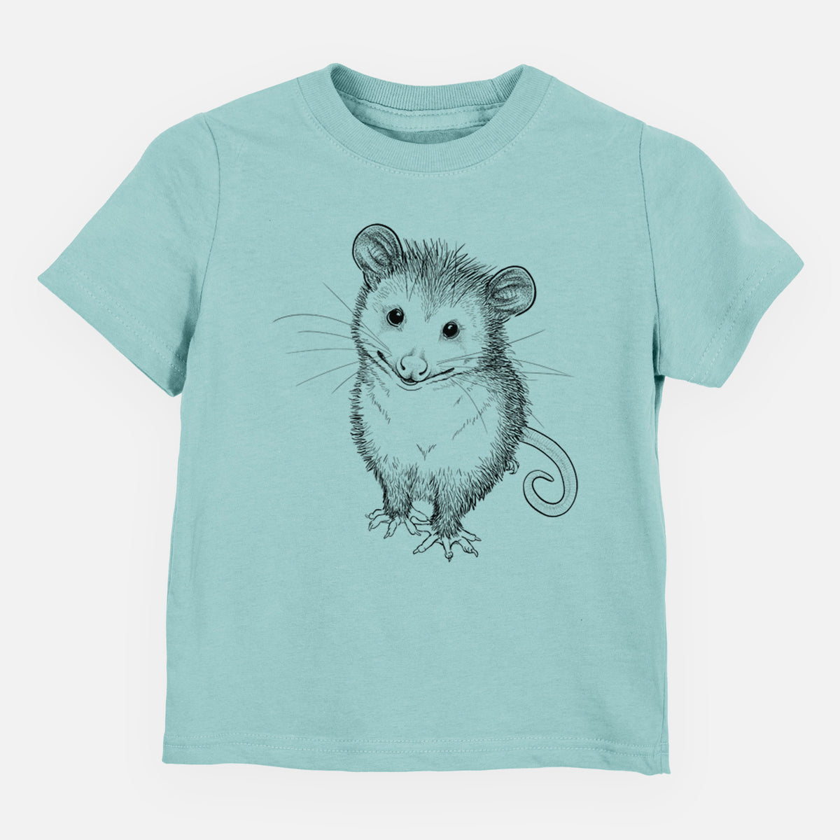 Saltwater toddler t-shirt laid flat, printed with a black ink illustration of a wide-eyed baby opossum sitting.
