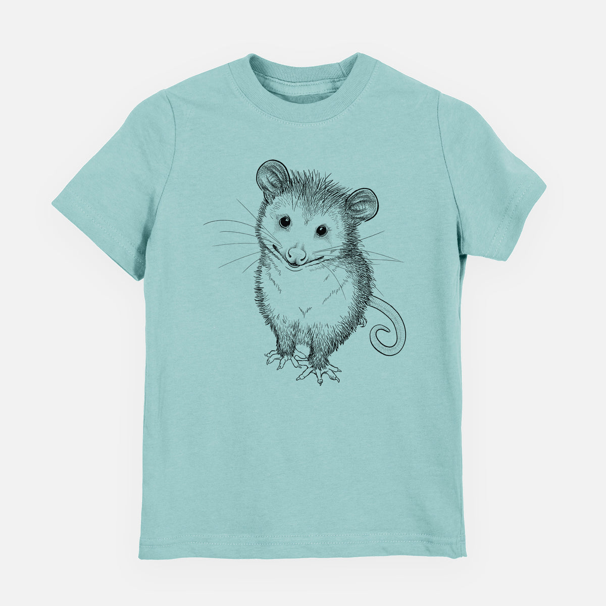 Saltwater youth t-shirt laid flat, printed with a black ink illustration of a wide-eyed baby opossum sitting.