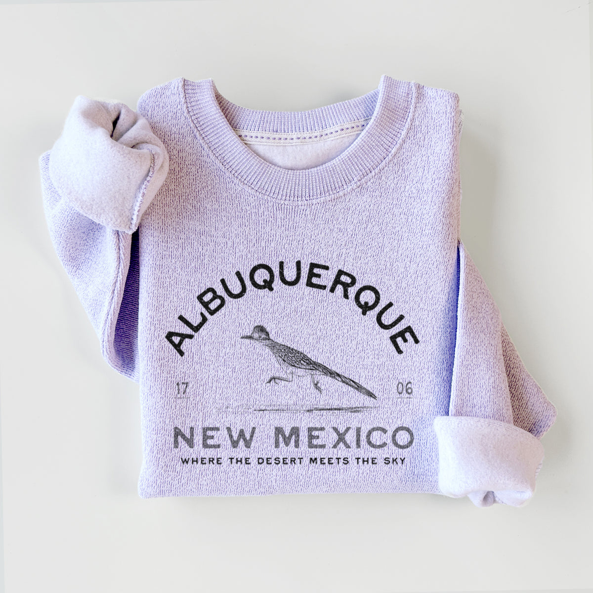 Ice purple knit sweatshirt printed with a black ink roadrunner with the words Albuquerque New Mexico, 1706, Where the Desert Meets the Sky, styled flat.