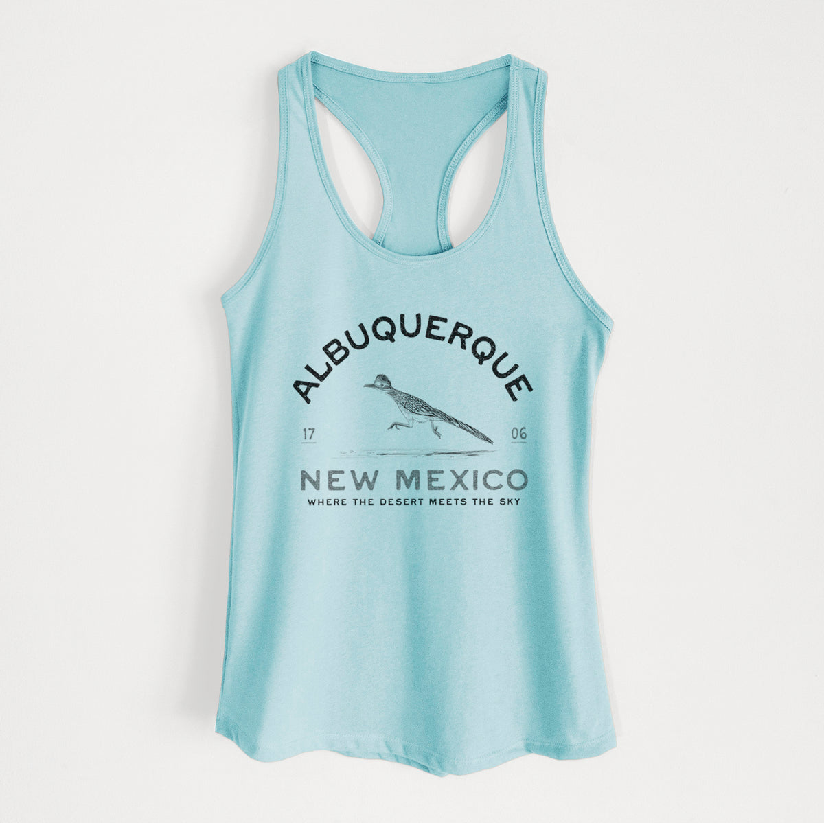 Cancun blue women's racerback tank top laid flat, printed with a black ink roadrunner with the words Albuquerque New Mexico, 1706, Where the Desert Meets the Sky.