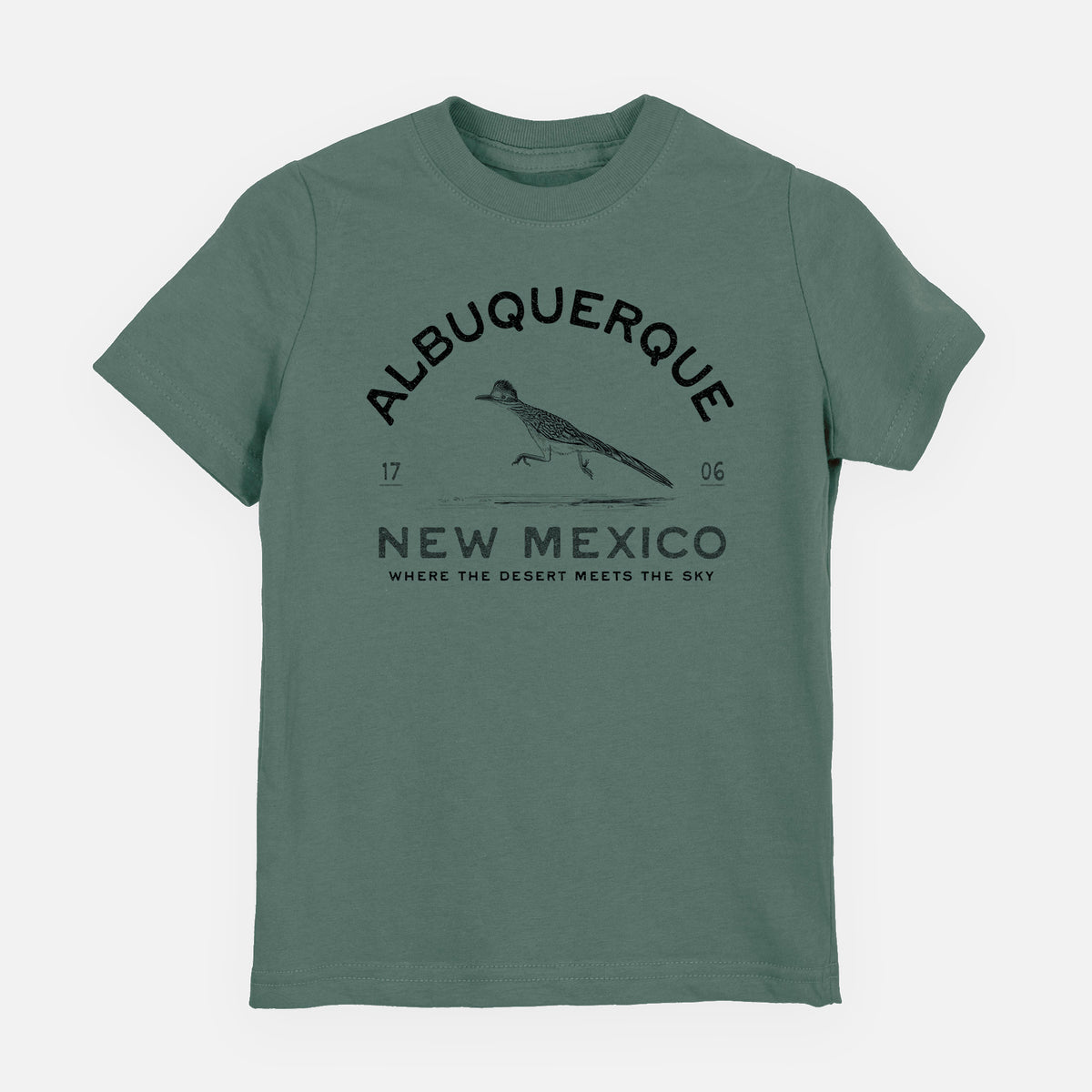Basil green youth t-shirt laid flat, printed with a black ink roadrunner with the words Albuquerque New Mexico, 1706, Where the Desert Meets the Sky.