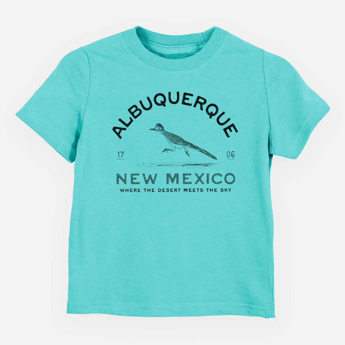 Caribbean blue toddler t-shirt laid flat, printed with a black ink roadrunner with the words Albuquerque New Mexico, 1706, Where the Desert Meets the Sky.