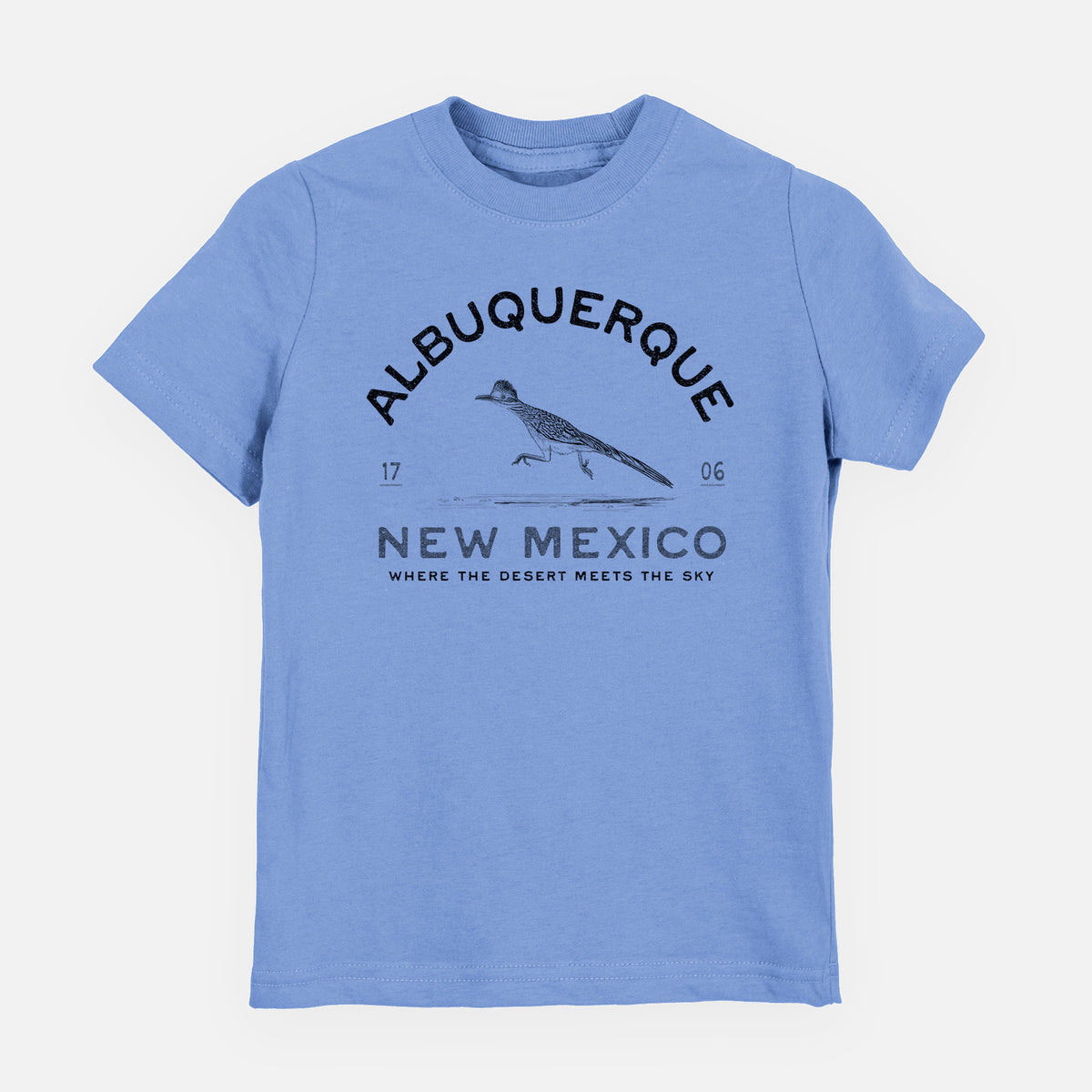 Carolina blue youth t-shirt laid flat, printed with a black ink roadrunner with the words Albuquerque New Mexico, 1706, Where the Desert Meets the Sky.