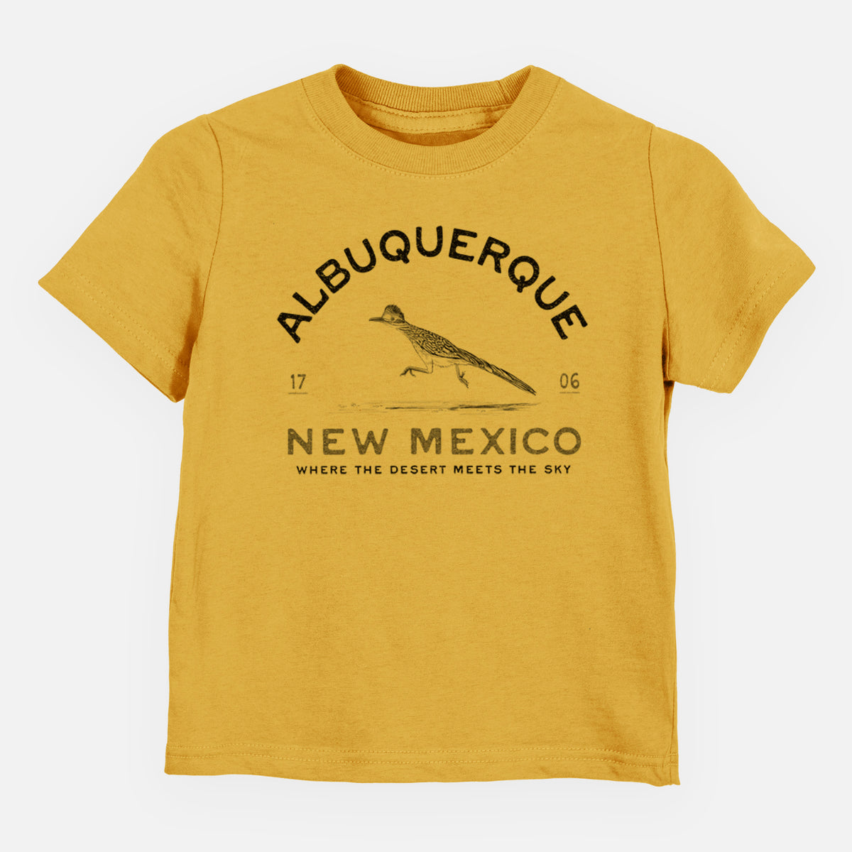 Honeycomb yellow toddler t-shirt laid flat, printed with a black ink roadrunner with the words Albuquerque New Mexico, 1706, Where the Desert Meets the Sky.