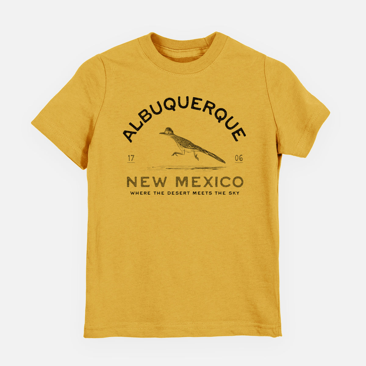 Honeycomb yellow youth t-shirt laid flat, printed with a black ink roadrunner with the words Albuquerque New Mexico, 1706, Where the Desert Meets the Sky.