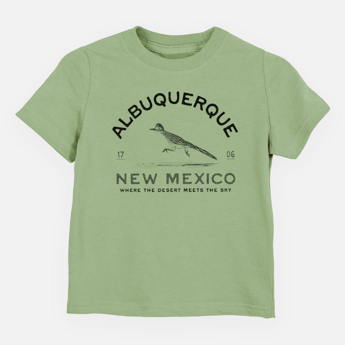 Sage green toddler t-shirt laid flat, printed with a black ink roadrunner with the words Albuquerque New Mexico, 1706, Where the Desert Meets the Sky.