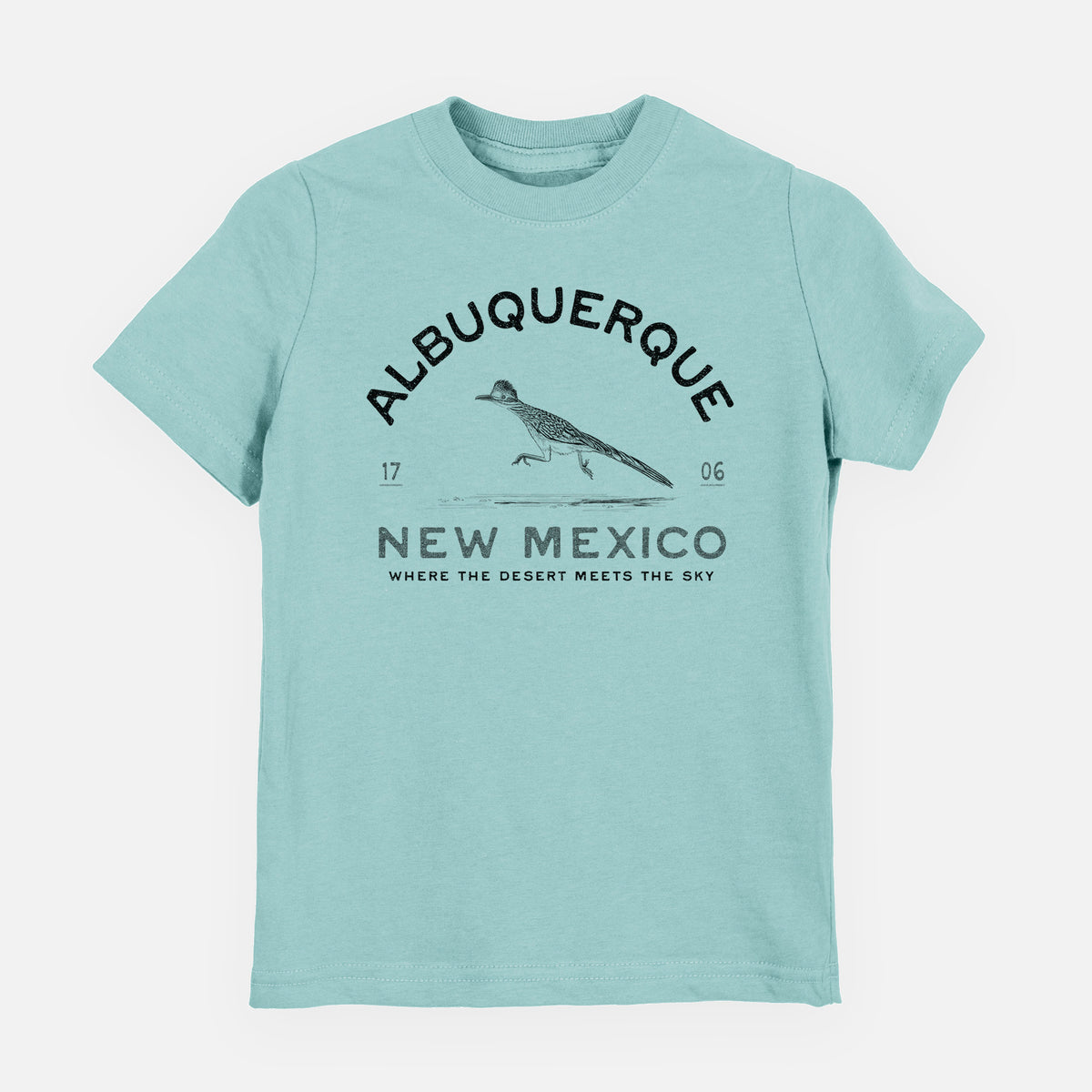 Saltwater youth t-shirt laid flat, printed with a black ink roadrunner with the words Albuquerque New Mexico, 1706, Where the Desert Meets the Sky.